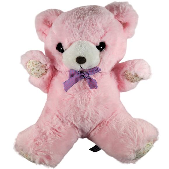 Pink Plush Teddy Bear Vintage 1988 Moonbeam Toys 12" Floral Paws Bow Korea - Picture 1 of 11